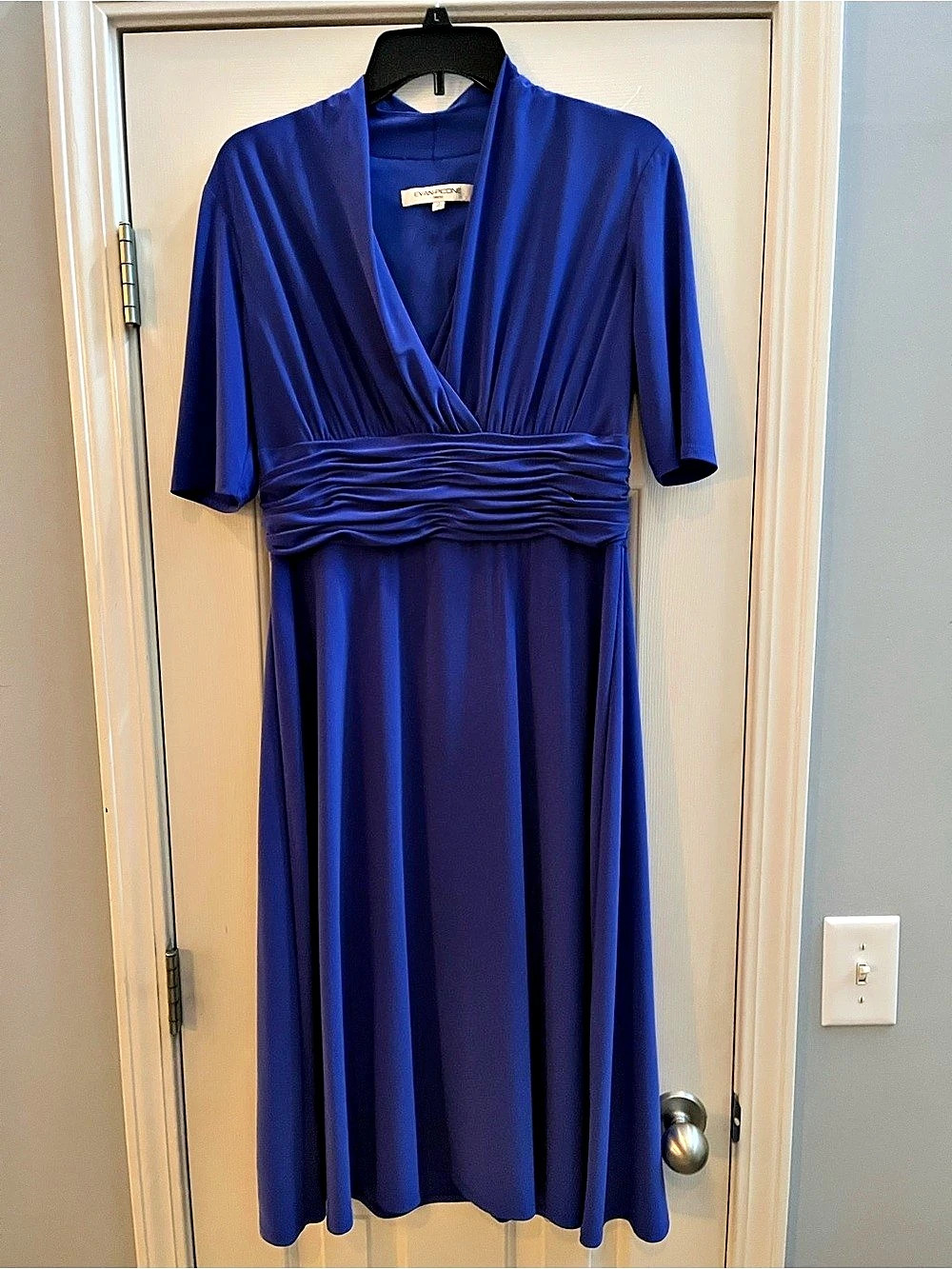 Evan-Picone Royal Blue Faux Wrap Ruched Midi Dress Size 12 Matte Jersey